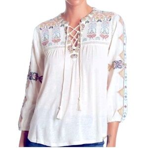 Lucky Brand Embroidered Bohemian Print Tassel Blouse